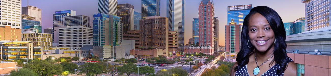 Houston, Texas, USA downtown park and skyline at twilight