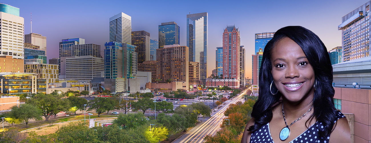 Houston, Texas, USA downtown park and skyline at twilight