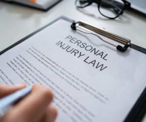 Personal injury law document on a clipboard.