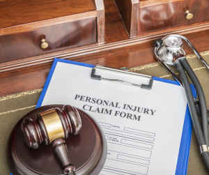 A judge’s gavel and a stethoscope placed on top of a personal injury claim form.