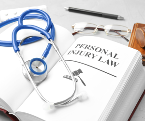 An open Personal Injury Law book with a blue stethoscope on its pages, surrounded by a pen, eyeglasses, and a judge’s gavel.